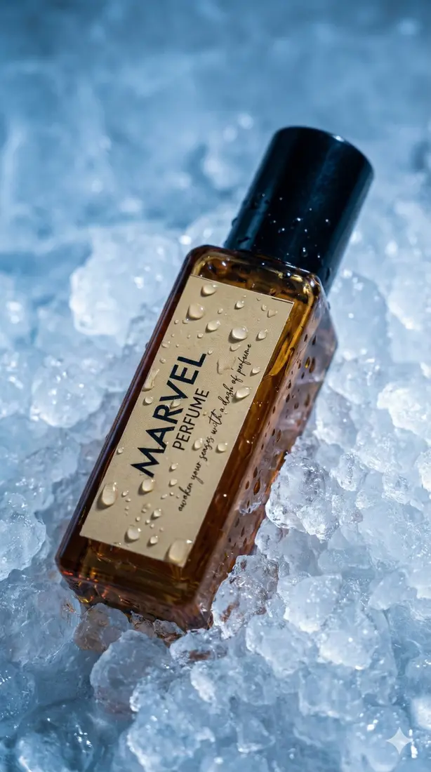 Marvel perfume displayed over ice