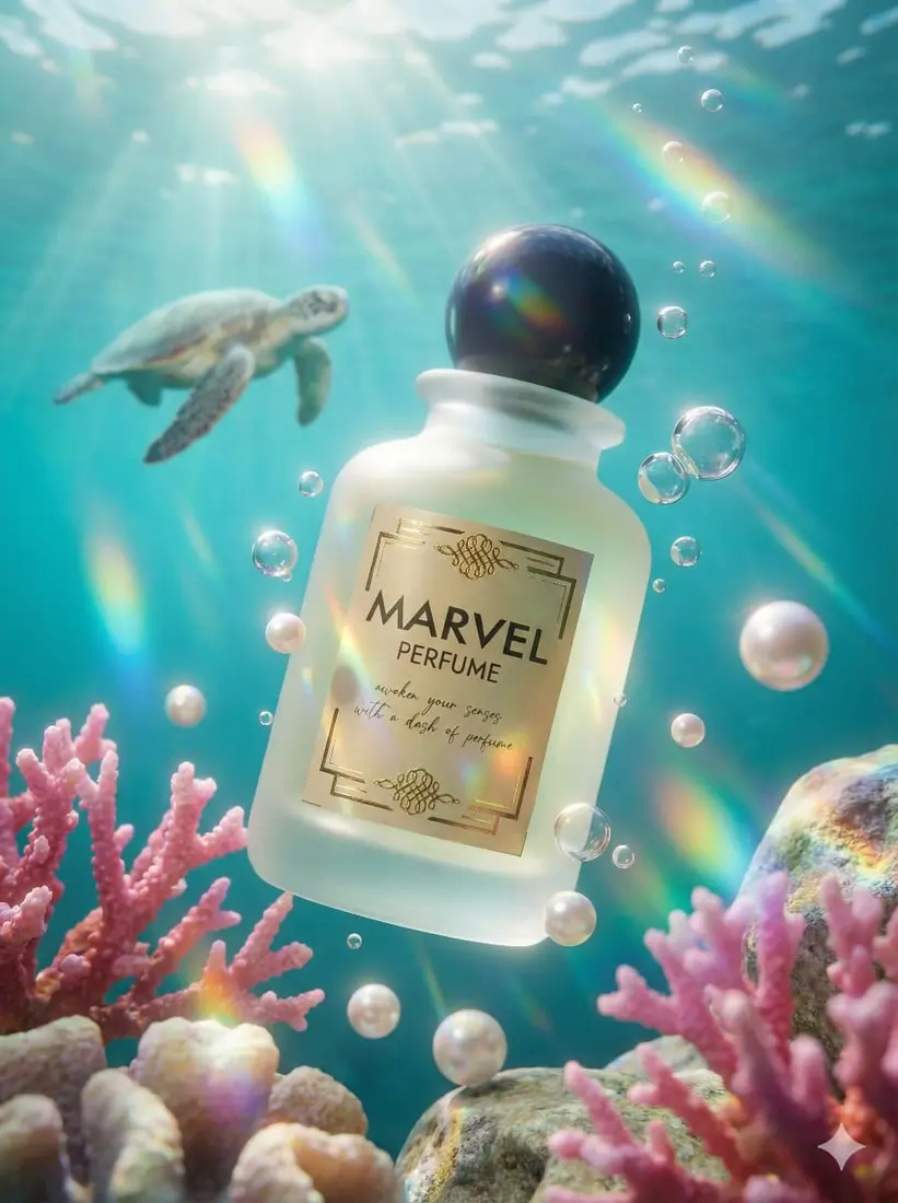 Marvel perfume in an underwater aquatic fragrance atmosphere